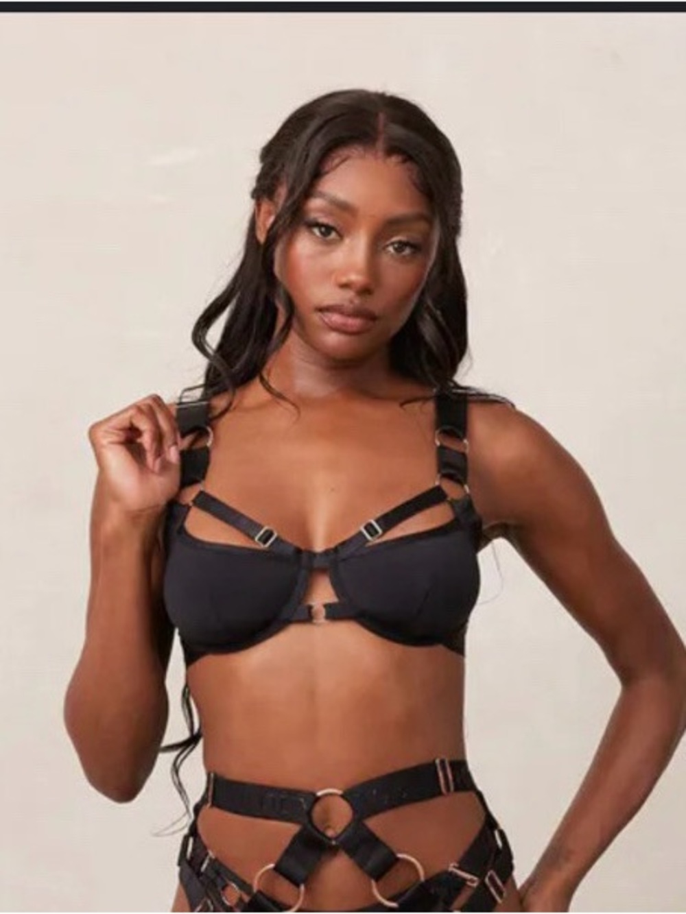 Lounge 36D STORM Black Bra LOGO Rose Gold Strappy Bondage Lingerie